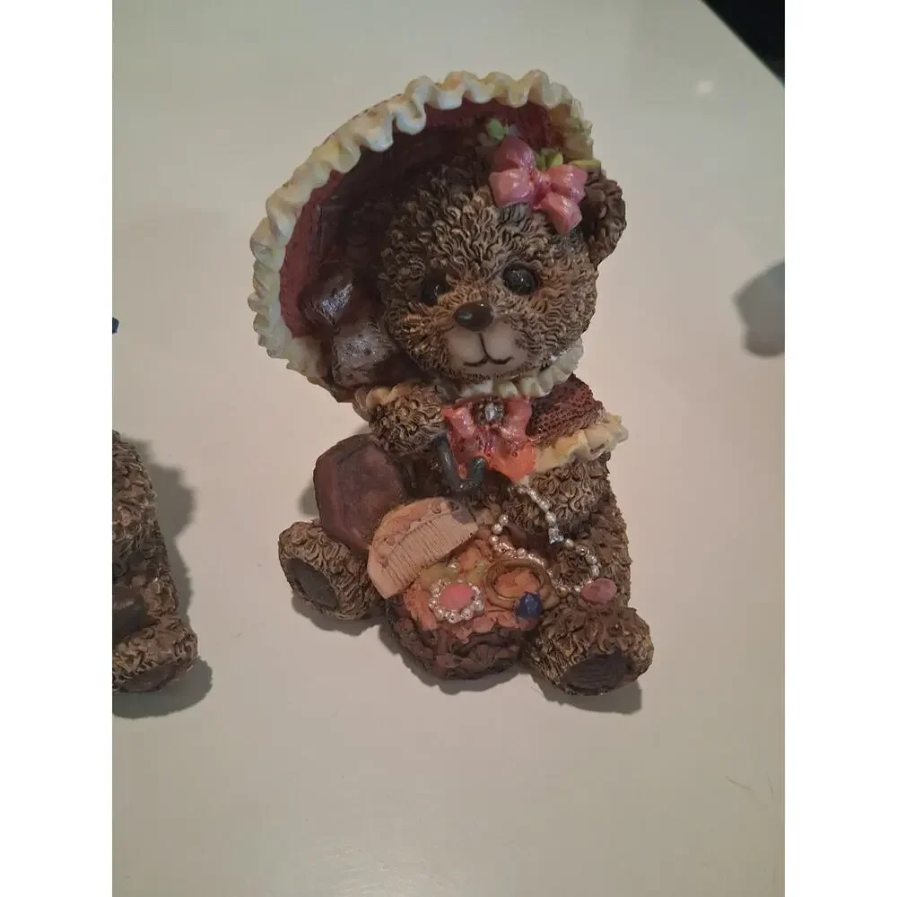 Vintage Resin Teddy Bear Figurines Lot Of 2 Dressed Girl Bears Hats Umbrella
